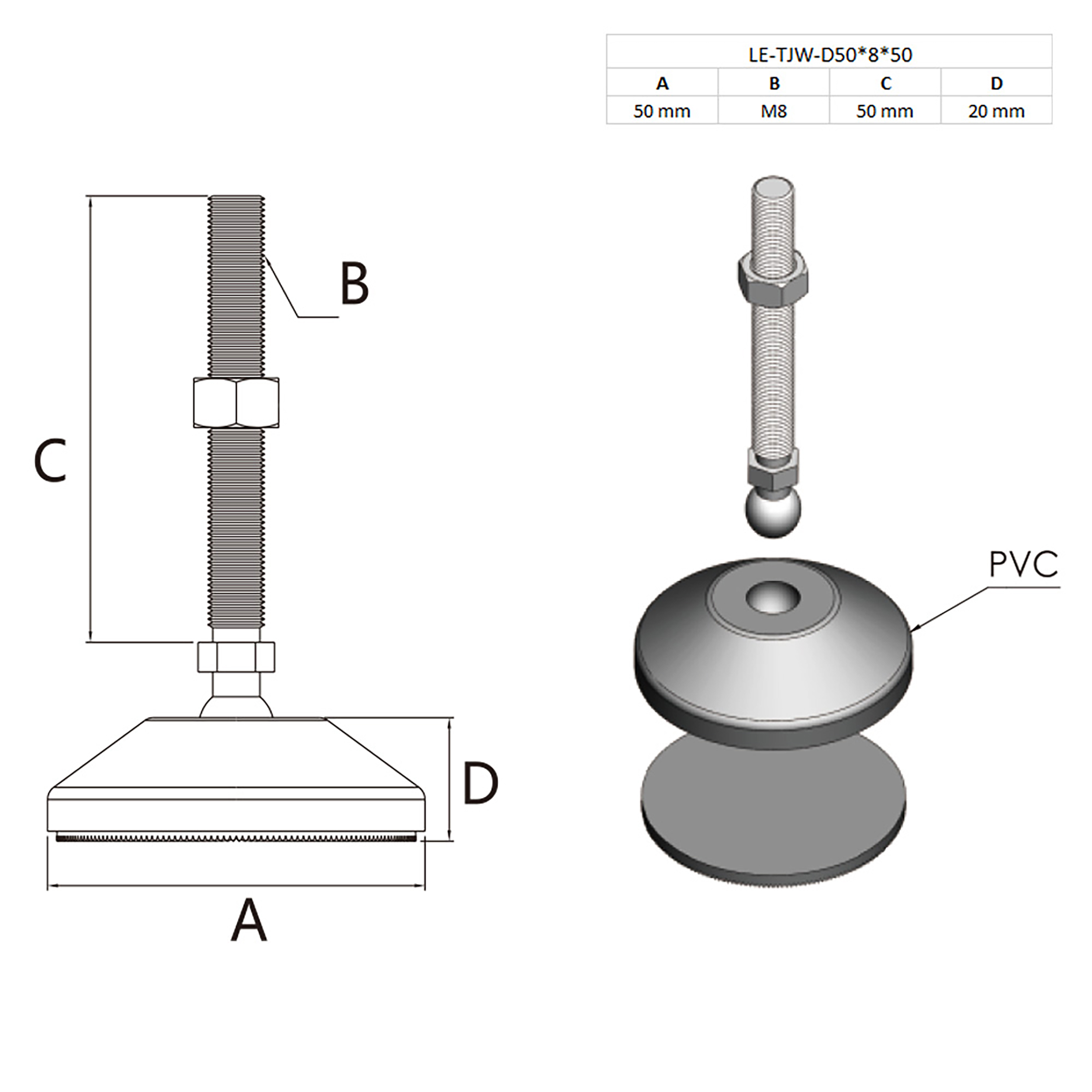 Gelenkfuss Standfuss M8x50mm Teller 50mm für Aluprofil 30-er, 40-er - 1 Stück Gelenkfuss Standfuss M8x50mm Teller 50mm für Aluprofil 30-er, 40-er - 1 Stück