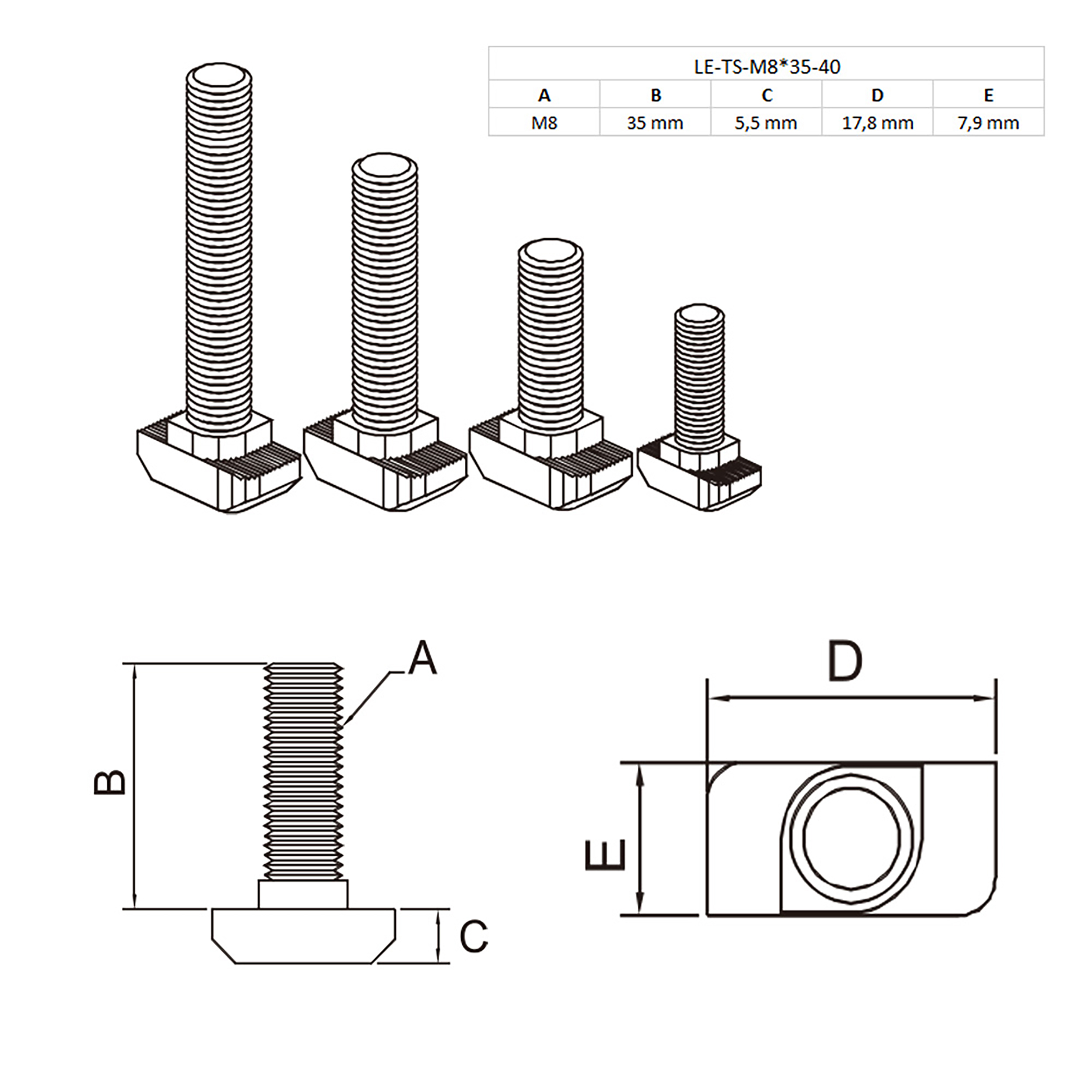 Hammerschraube T-Schraube M8 35mm Nut 8 für Aluprofil 40-er 10 Stück + Mutter Hammerkopfschraube T-Schraube M8 35mm Nut 8 Aluprofil 40-er 10 Stück + Mutter