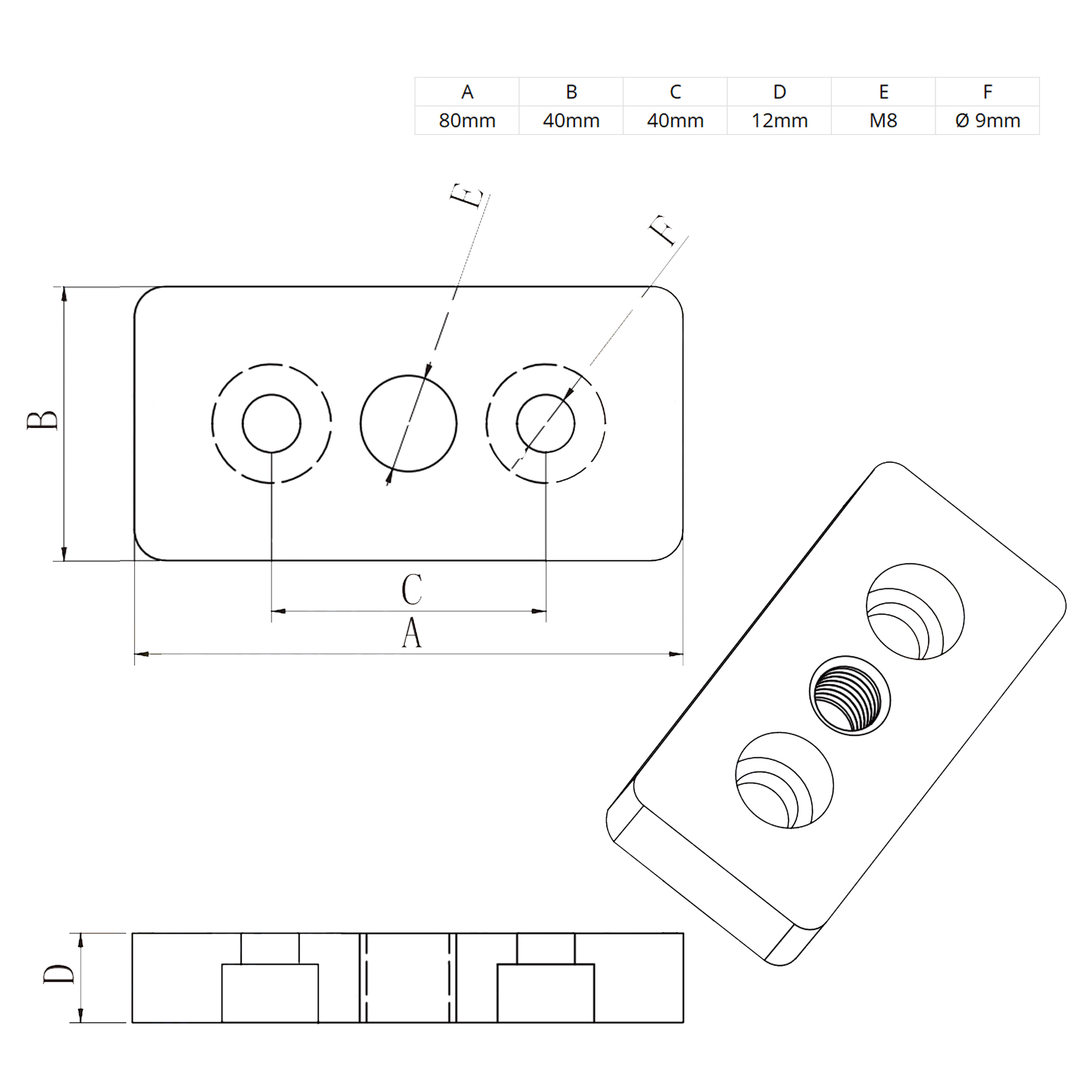 Adapter- & Fußplatte Aluprofil 4080, silbergrau – M8 ohne Stellfuß