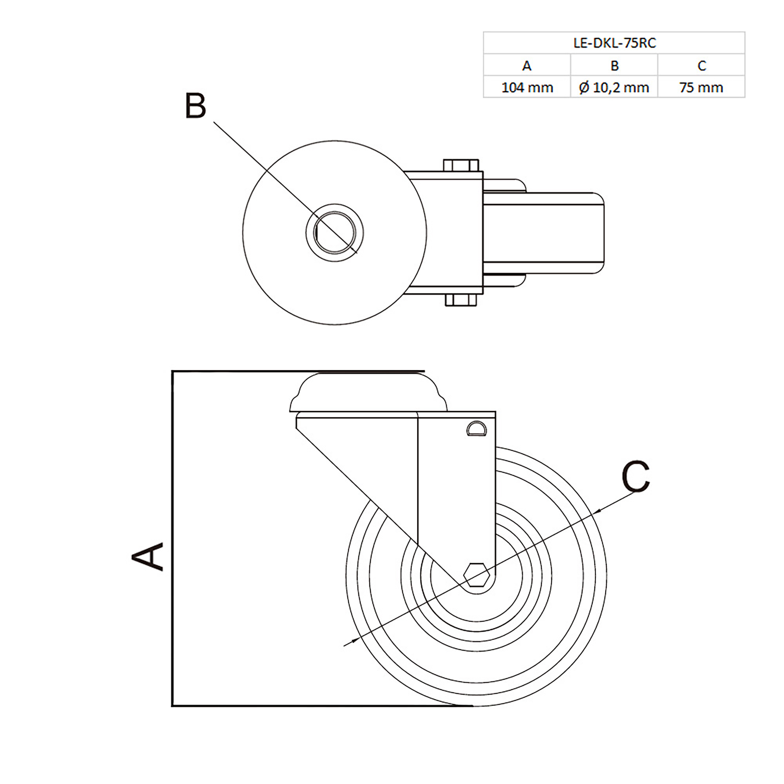 Lenkrolle Gummirolle mit Bremse Ø75mm Rückenloch Ø10,2mm für Aluprofil - 4 Stück
