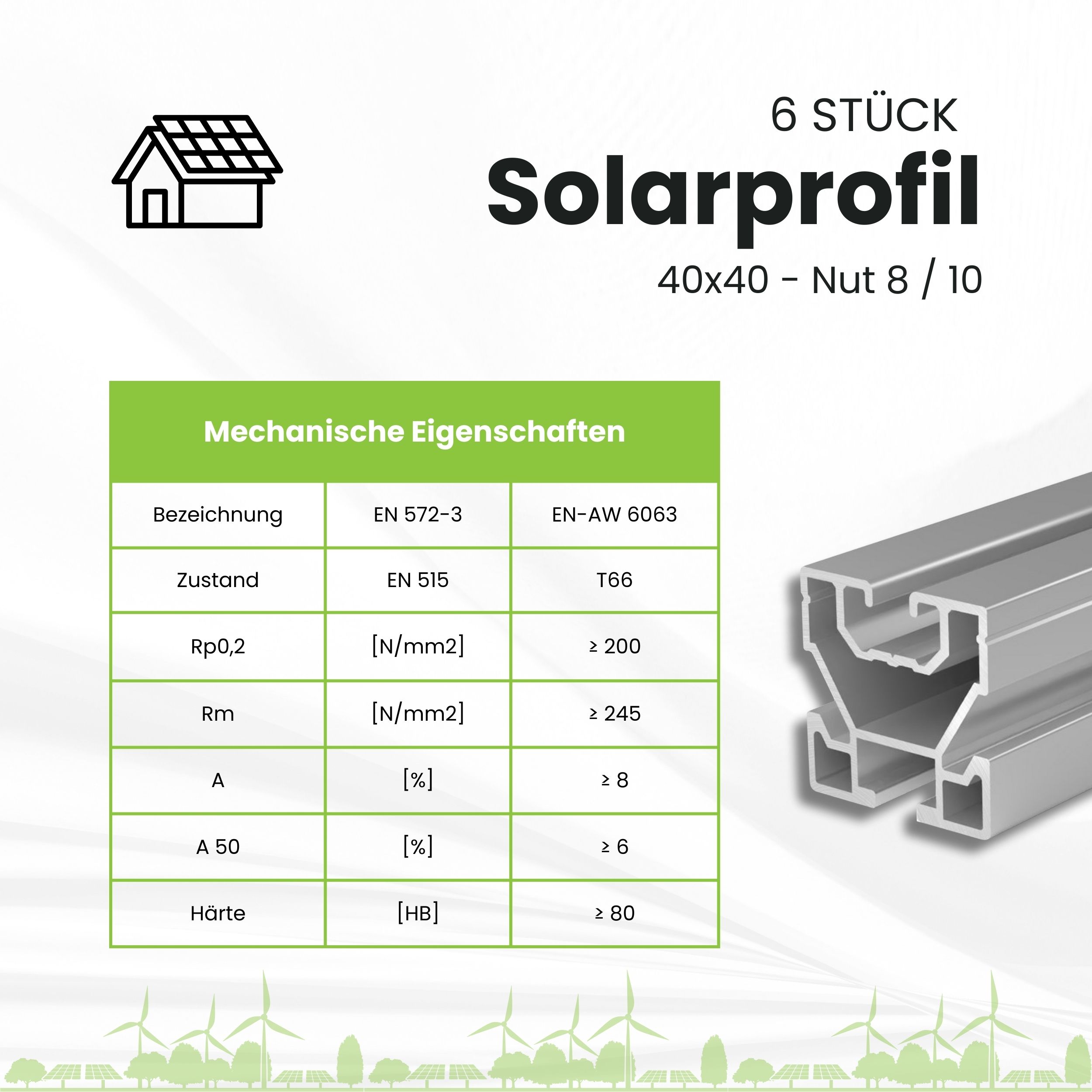 6x Alu Solarprofile 40x40 - 2,45m - Nut 8/10 - für Kreuzklemmen - Photovoltaik Solarprofile - 6x 40x40 - 2,45m - silber Profile - ohne MwSt. - TKSK-30 - PV-Profile - für Kreuzklemme - Zubehör