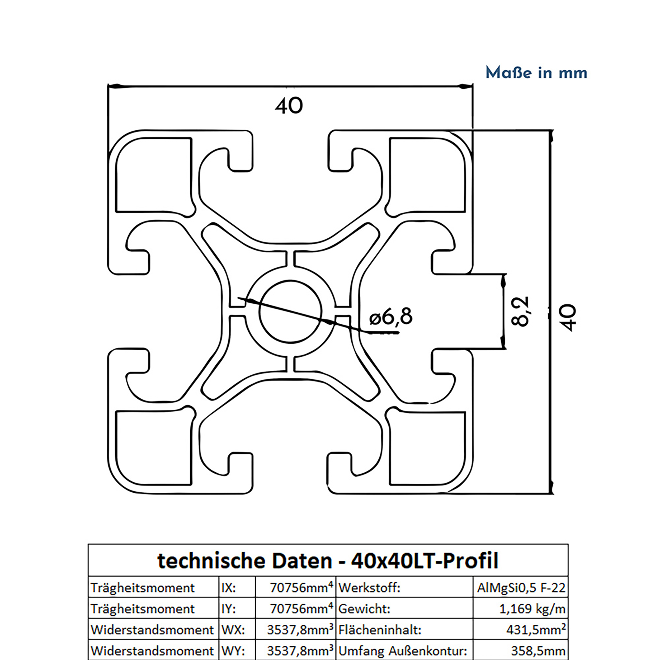 ALU Profil Aluprofil 40x40mm light Nut 8 Aluminium Systemprofil Typ I 2000mm