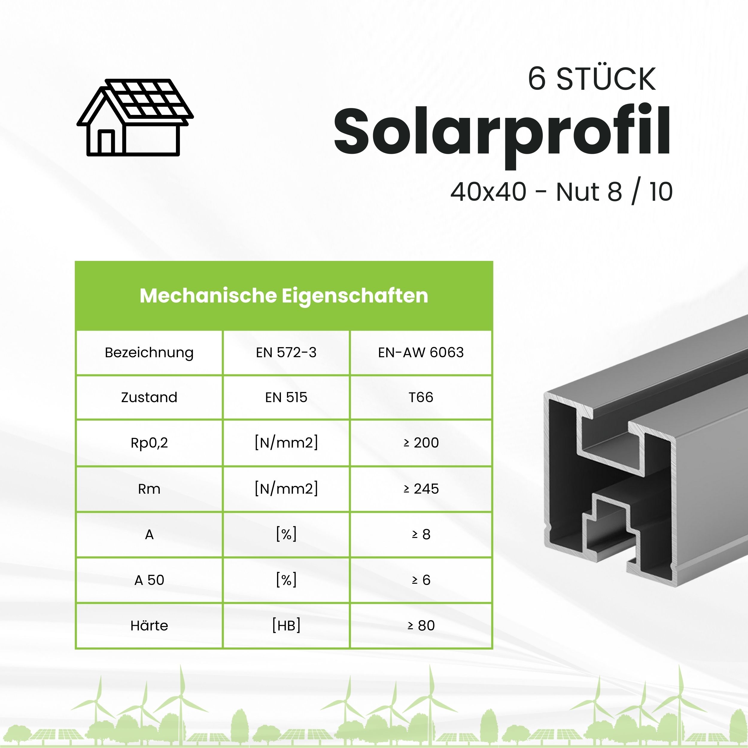 6x Alu Solarprofile 40x40 - 2,45m - Nut 8/10 - Typ-S, PV-Profile - Photovoltaik Solarprofile - 6x 40x40 - 2,54m - silber Profile - ohne MwSt. - TKS-40 - PV-Profile - Zubehör - Befestigungssystem