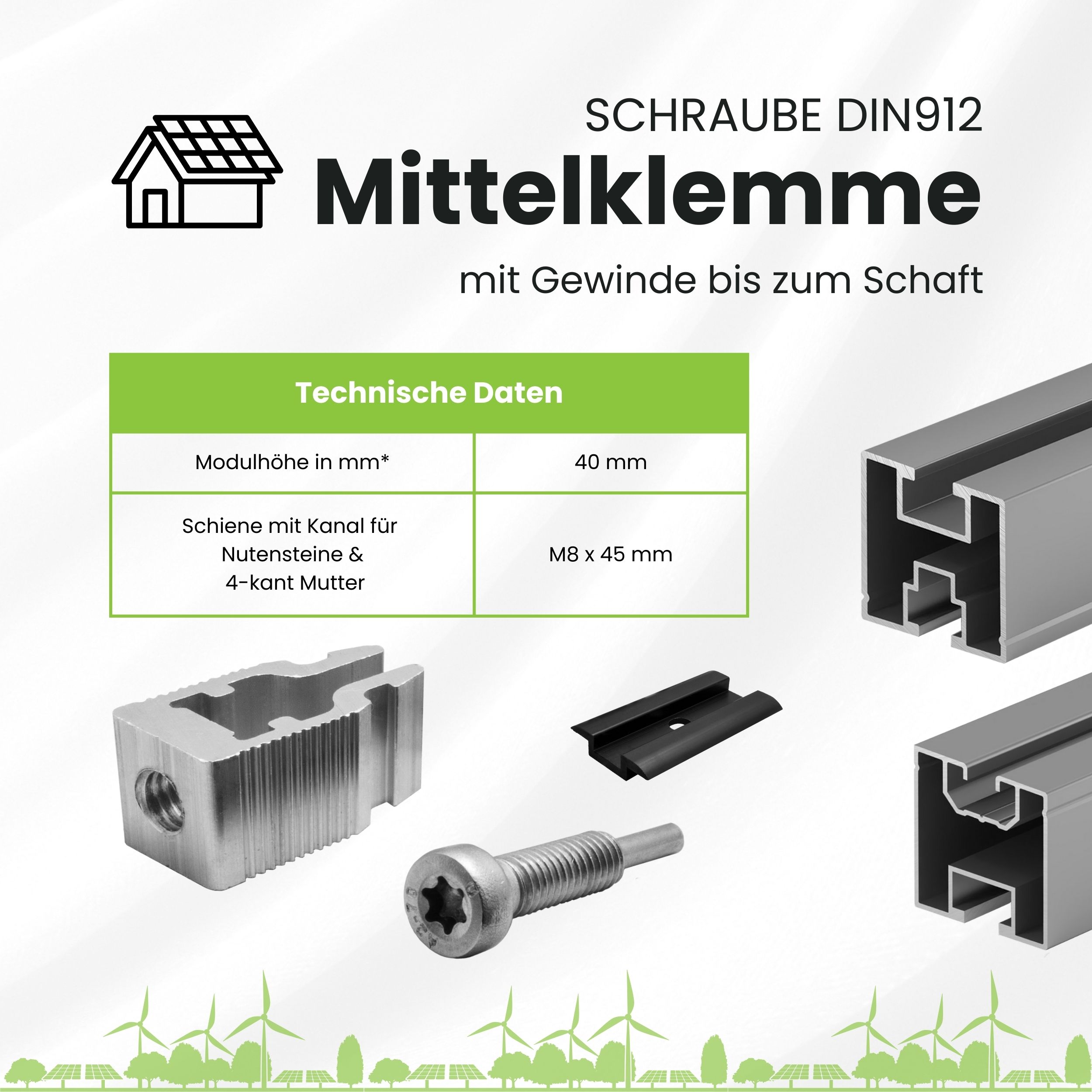 Solarprofile - 1x Mittelklemme schwarz - inkl. MwSt. - TKS-30 - PV-Profile - Zubehör - Befestigungssystem Solarprofile - 1x Mittelklemme schwarz - ohne MwSt. - TKSK-30 - PV-Profile - für Kreuzklemme - Zubehör