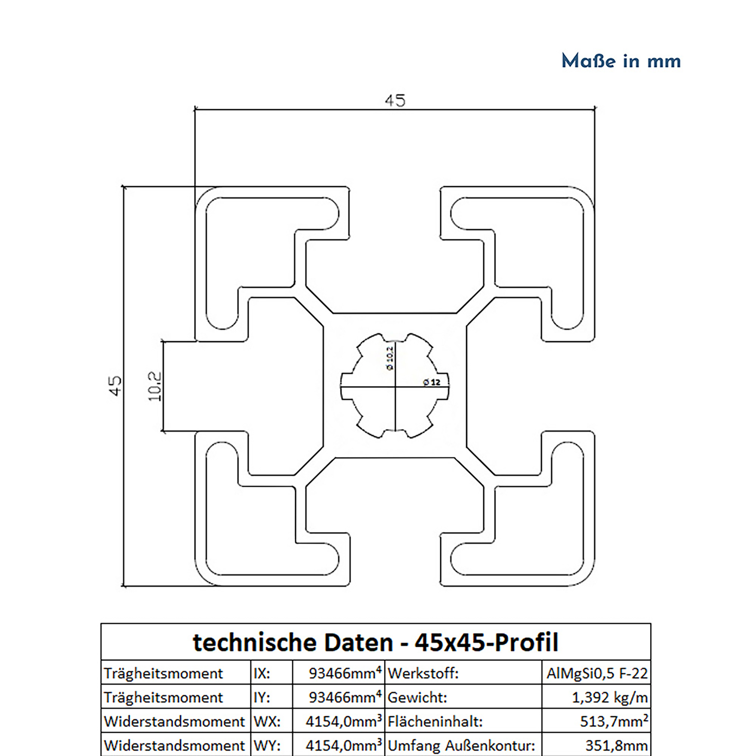 ALU Profil Aluprofil 45x45mm Nut 10 Aluminium Systemprofil Typ I 200cm 2000mm