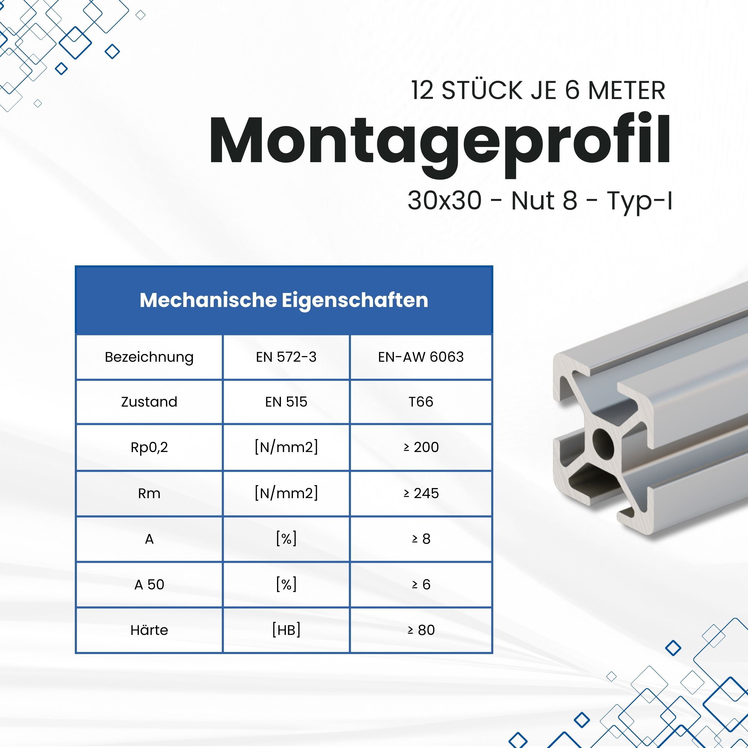 Alu Profil 12 Stück 30x30mm 6m System-, Montage-, Konstruktionsprofil Nut 8