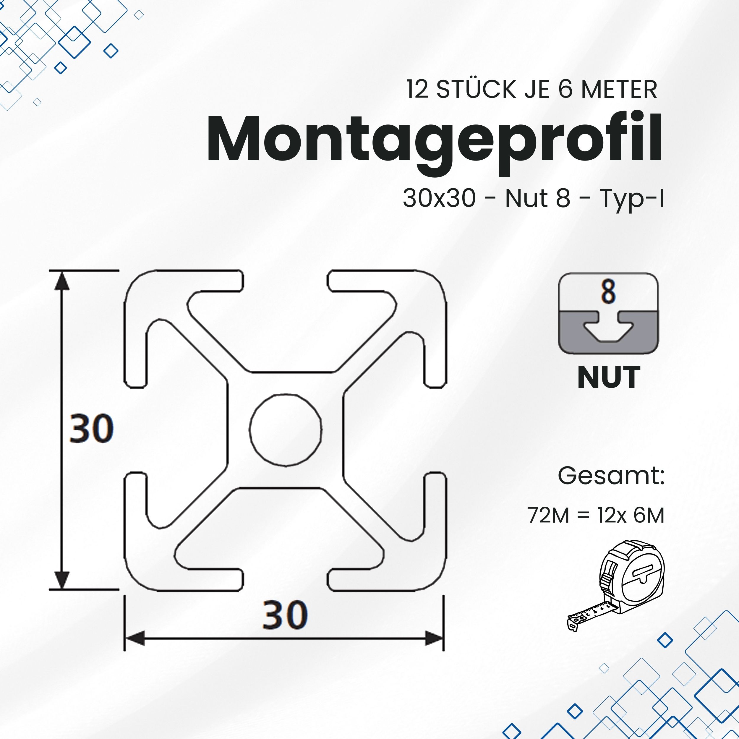 Alu Profil 12 Stück 30x30mm 6m System-, Montage-, Konstruktionsprofil Nut 8