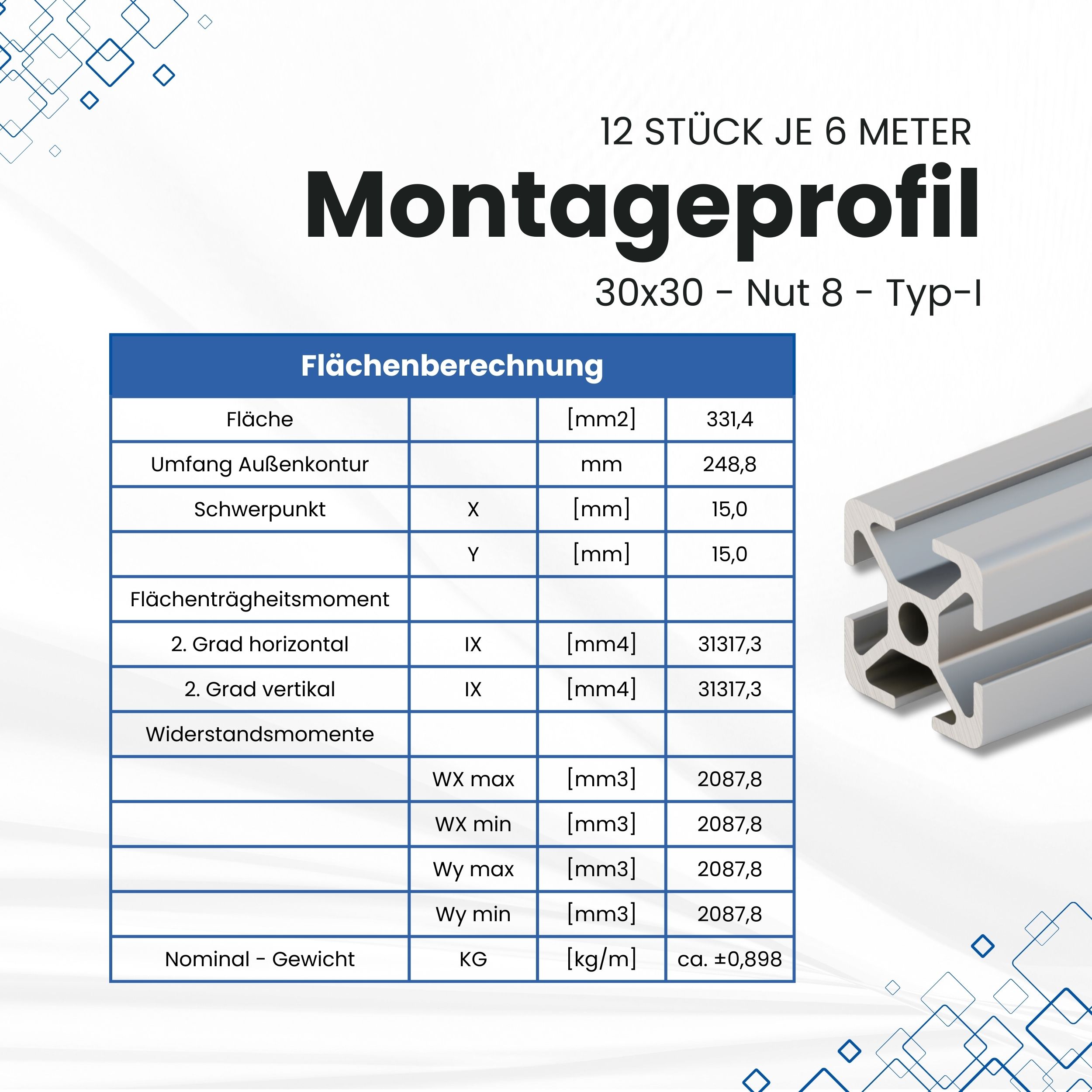 Alu Profil 12 Stück 30x30mm 6m System-, Montage-, Konstruktionsprofil Nut 8